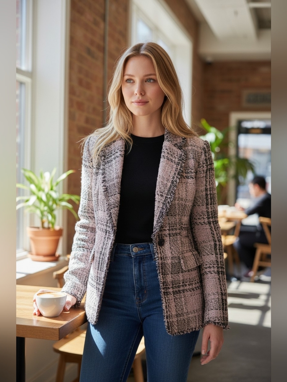 Tahari Tweed Blazer Fringed Jacket Spring Coat Designer Glen Plaid